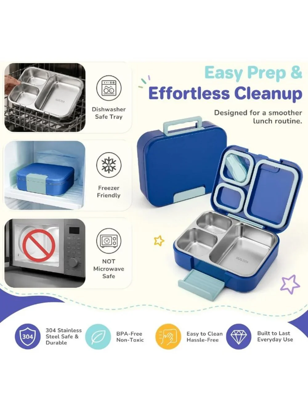 Durable Kids Bento Lunch Box - 3 Compartment Stainless Steel Food Container
